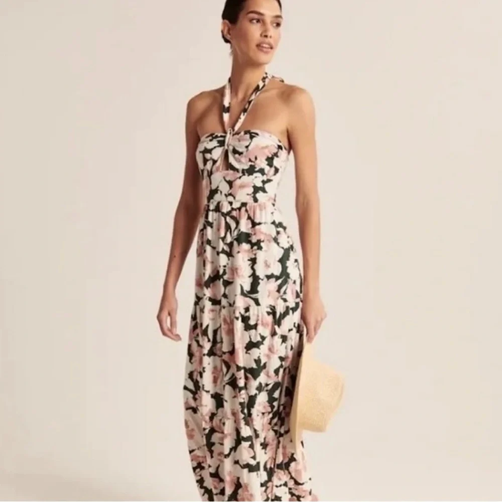 Abercrombie & Fitch Floral Strapless Maxi Dress in Pink and Green